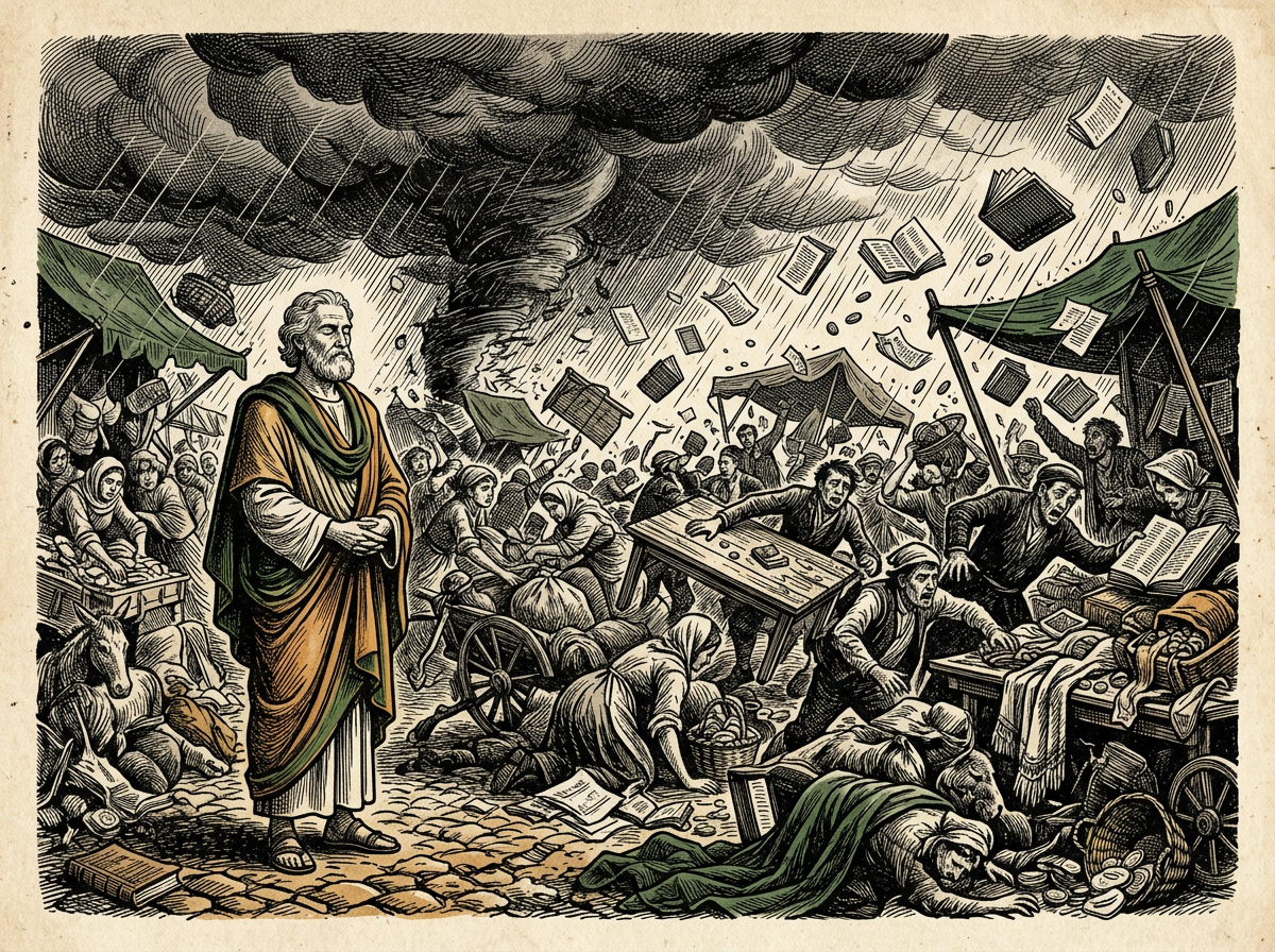 Editorial woodcut-style illustration for the dispatch “Stoic virtue offers true resilience when stripped of modern performance buzzwords.”, from The Bend Index, filed under ethical frame: virtue first.