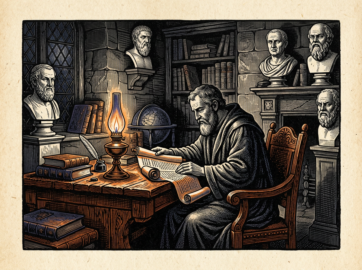 Editorial woodcut-style illustration for the dispatch “Ancient Stoic texts yield mental clarity only through rigorous, active engagement.”, from The Bend Index, filed under philosophical rigor: stoic practice.