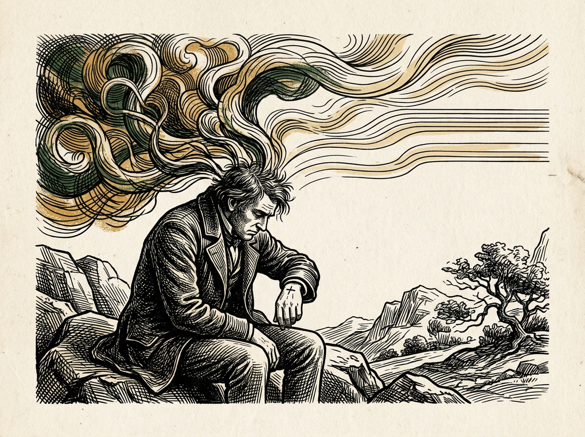 Editorial woodcut-style illustration for the dispatch “Etching peace on skin to break the mind's endless loops.”, from The Bend Index, filed under modern anxiety: embodied refuge.