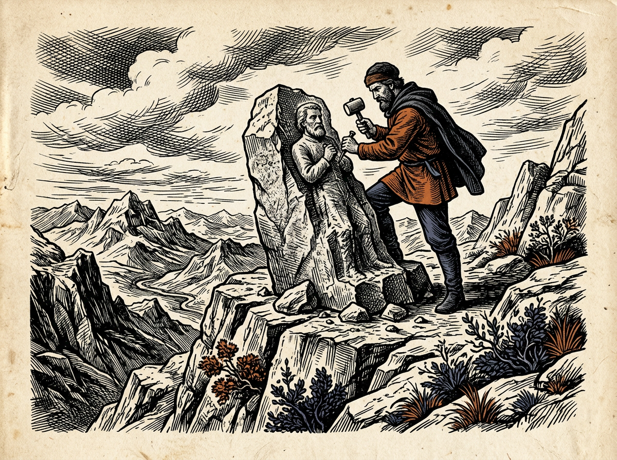 Editorial woodcut-style illustration for the dispatch “Radical freedom demands that we stop blaming identity for our choices”, from The Bend Index, filed under moral evasion: bad faith.