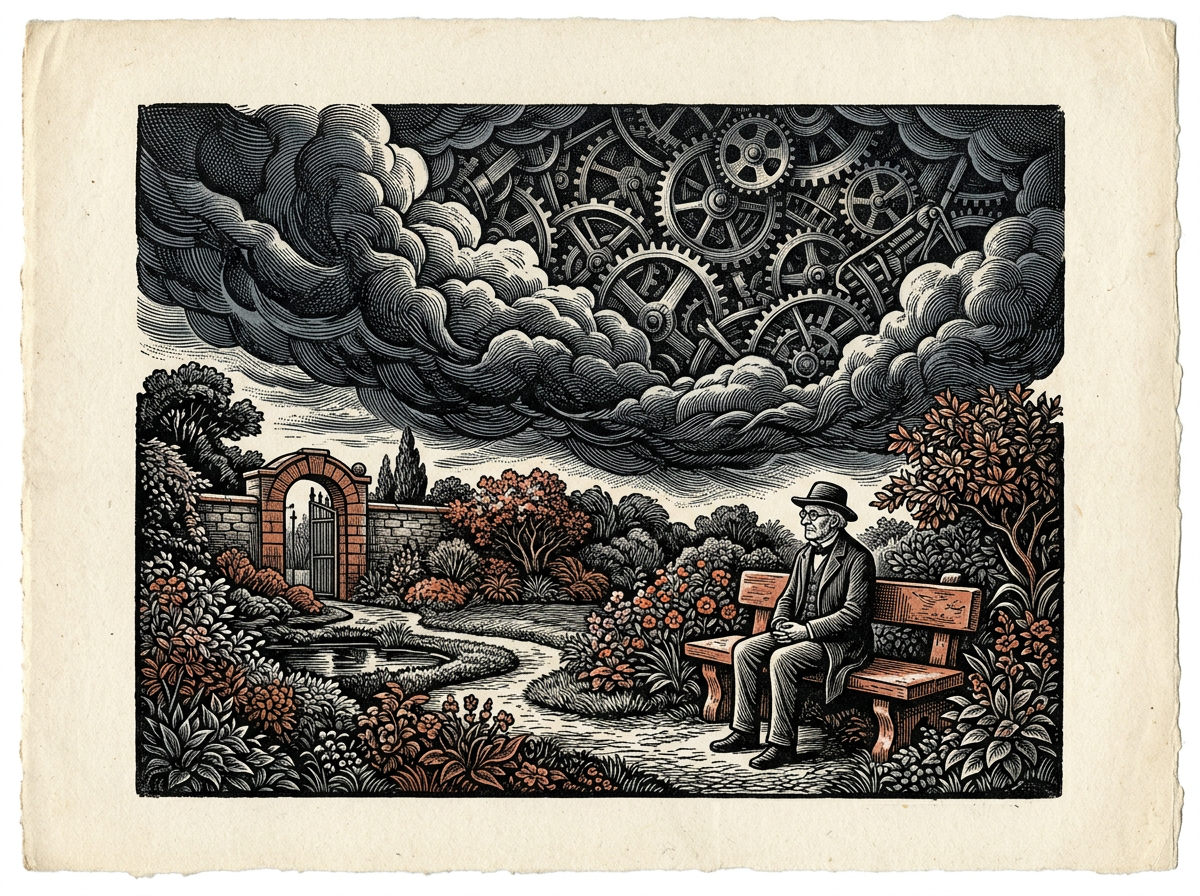 Editorial woodcut-style illustration for the dispatch “Meditation works not by erasing noise, but by training the observer”, from The Bend Index, filed under core mechanism: attention training.