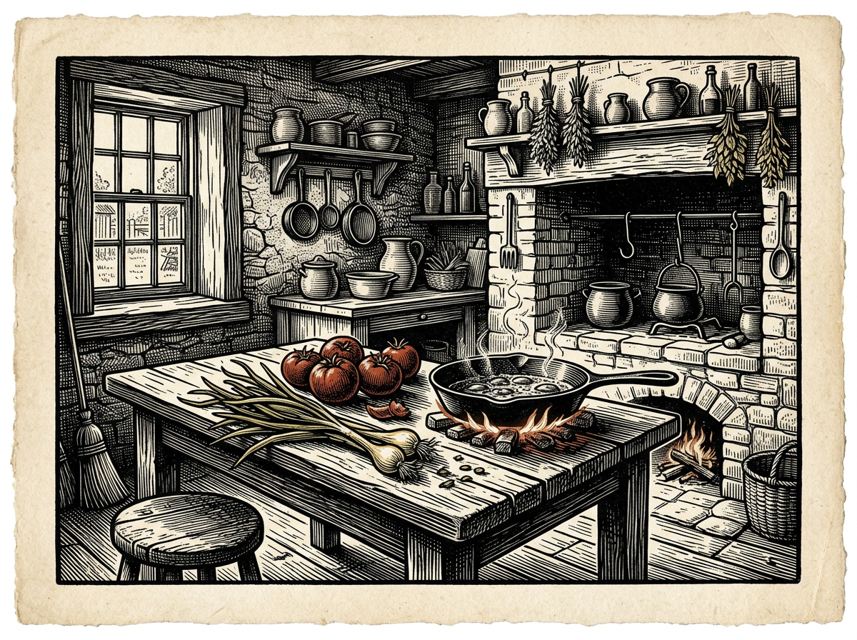 Editorial woodcut-style illustration for the dispatch “In praise of simple foundations that demand quiet patience”, from The Bend Index, filed under culinary craft: patient simmer.