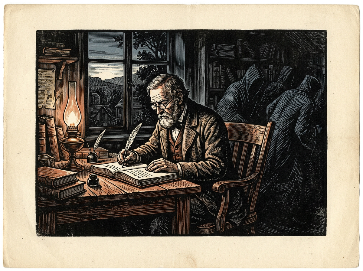 Editorial woodcut-style illustration for the dispatch “How ancient Stoic journaling turns self-examination into a modern cognitive habit”, from The Bend Index, filed under methodological value: routinized reflection.