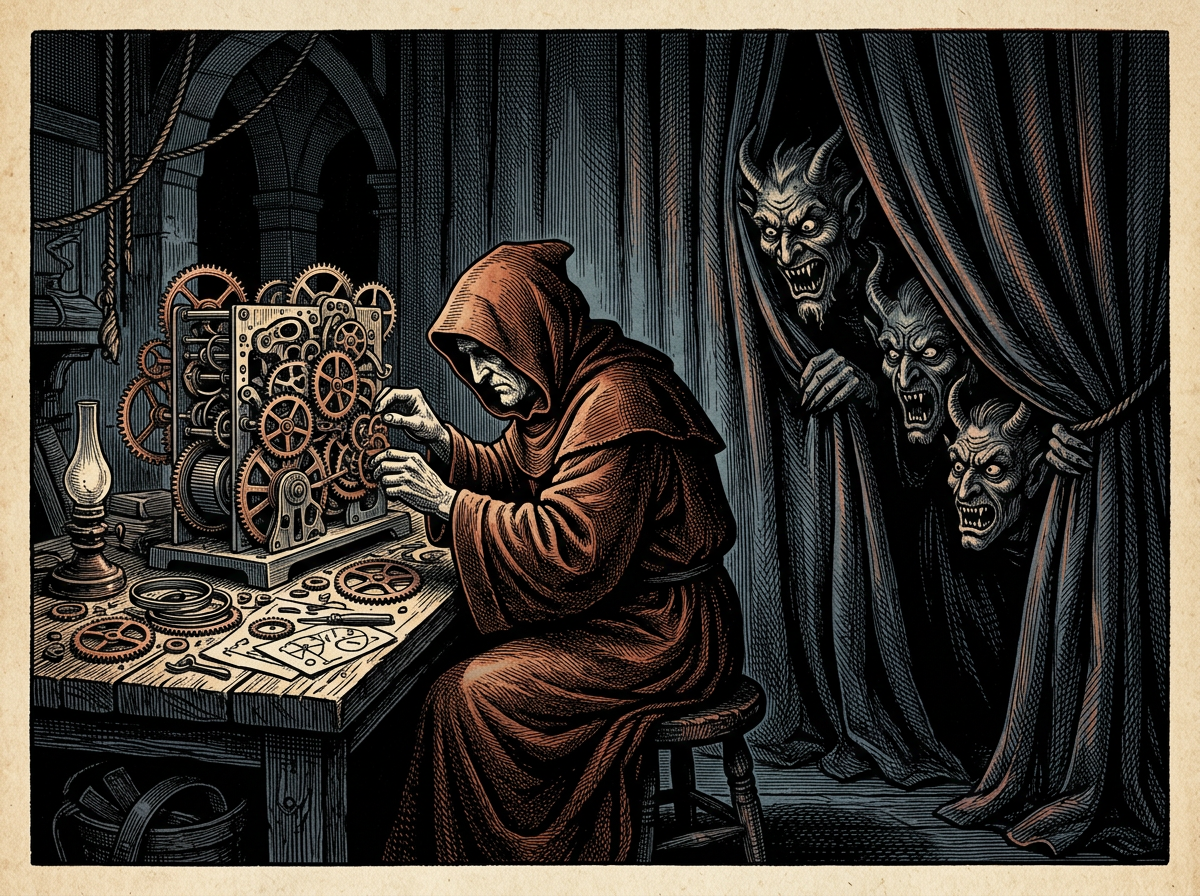 Editorial woodcut-style illustration for the dispatch “The unexpected discipline required to appreciate mid-2000s horror sequels”, from The Bend Index, filed under media logic: procedural viewing.