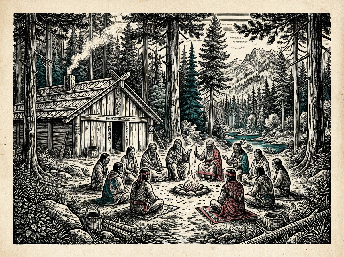 Editorial woodcut-style illustration for the dispatch “Ancient indigenous governance holds essential lessons for modern sovereignty”, from The Bend Index, filed under key lesson: indigenous sovereignty.