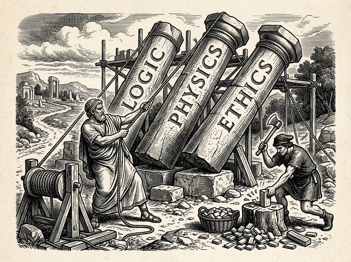 Editorial woodcut-style illustration for the dispatch “Modern Stoicism dilutes Seneca’s vast blueprint into instant comfort.”, from A Critique of Modern Stoicism, filed under intellectual erosion: modern stoicism.