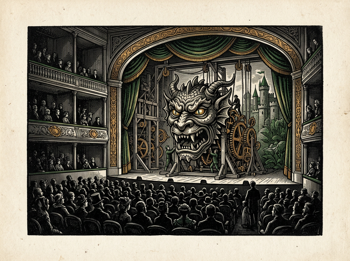 Editorial woodcut-style illustration for the dispatch “Finding artistic ambition inside the mid-2000s horror franchise machine”, from The Bend Index, filed under studio formula: genre expansion.