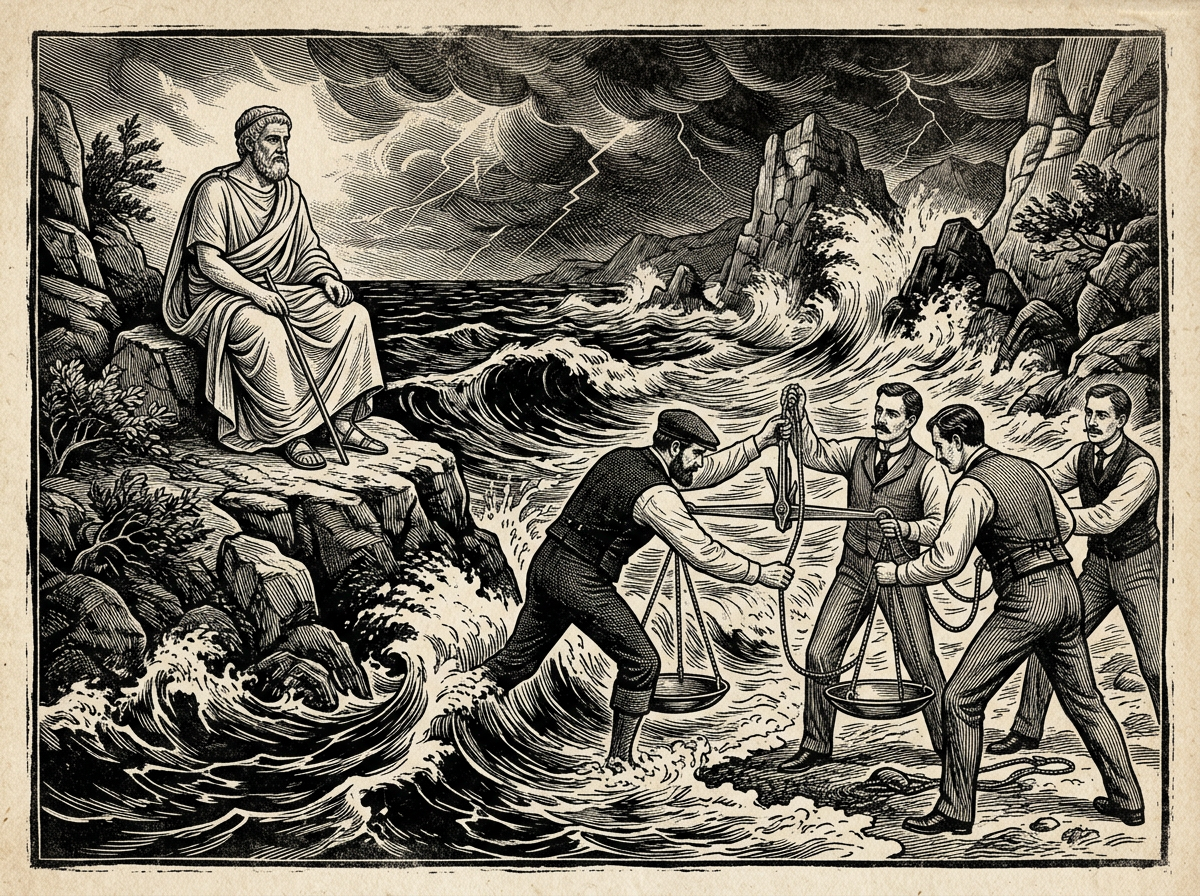 Editorial woodcut-style illustration for the dispatch “Stop reducing Seneca's radical moral virtue to a personal productivity hack”, from A Critique of Modern Stoicism, filed under commodified virtue: performance resilience.