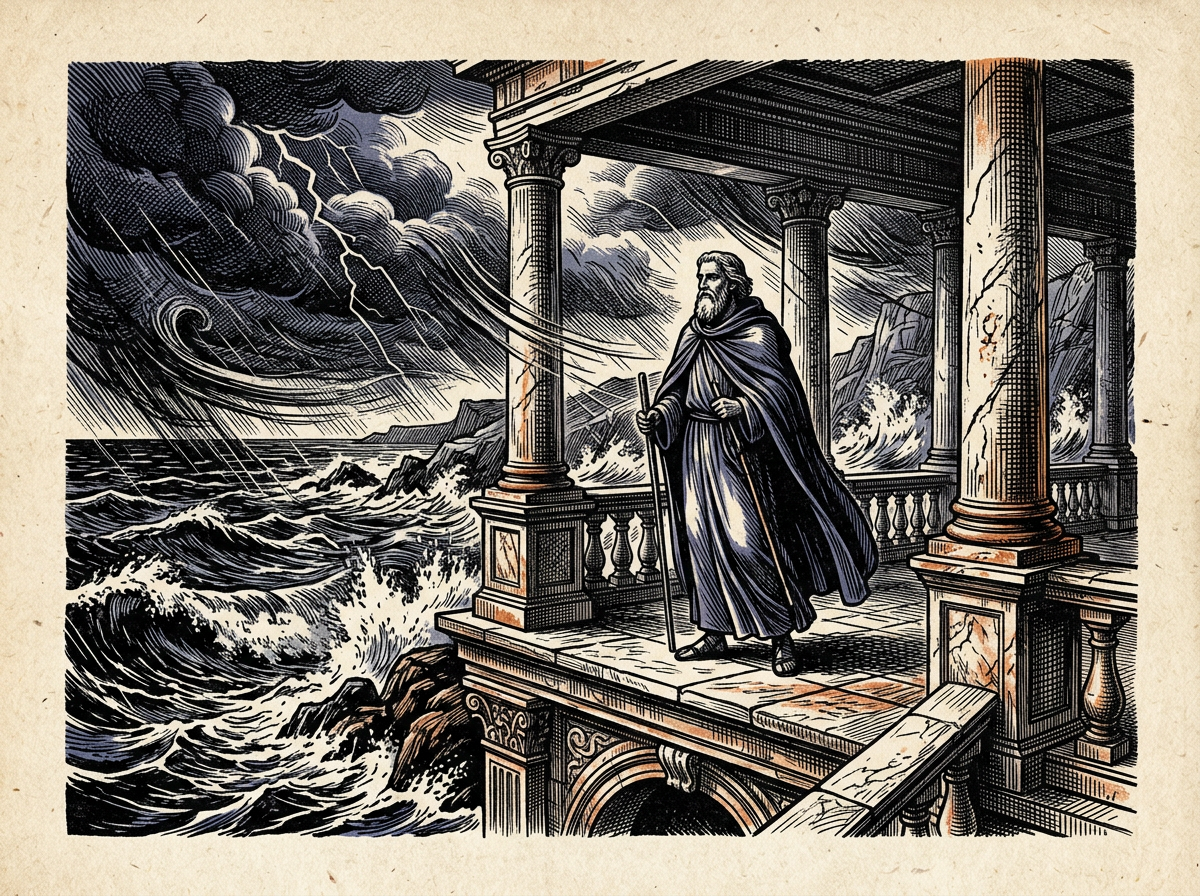 Editorial woodcut-style illustration for the dispatch “The ancient remedy for modern anxiety requires discipline, not indifference.”, from The Bend Index, filed under chief claim: internal agency.