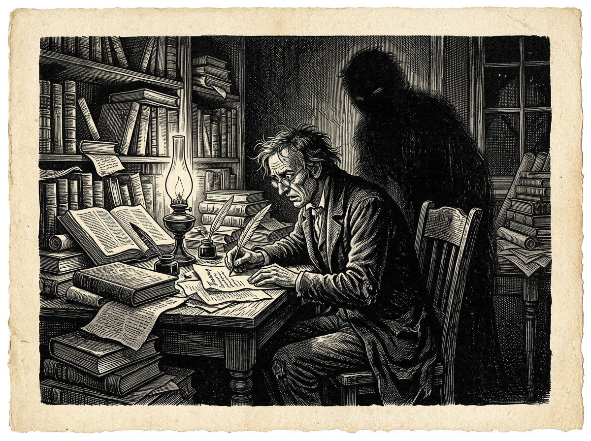 Editorial woodcut-style illustration for the dispatch “Don't confuse frantic productivity with genuine Stoic tranquility.”, from A Critique of Modern Stoicism, filed under false virtue: manic busyness.