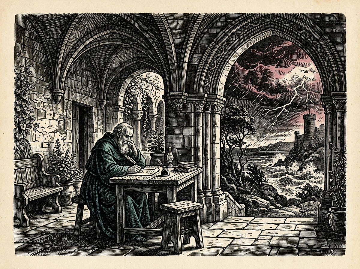Editorial woodcut-style illustration for the dispatch “Epictetus reminds us that agency lives strictly in our choices.”, from The Bend Index, filed under core lesson: internal agency.
