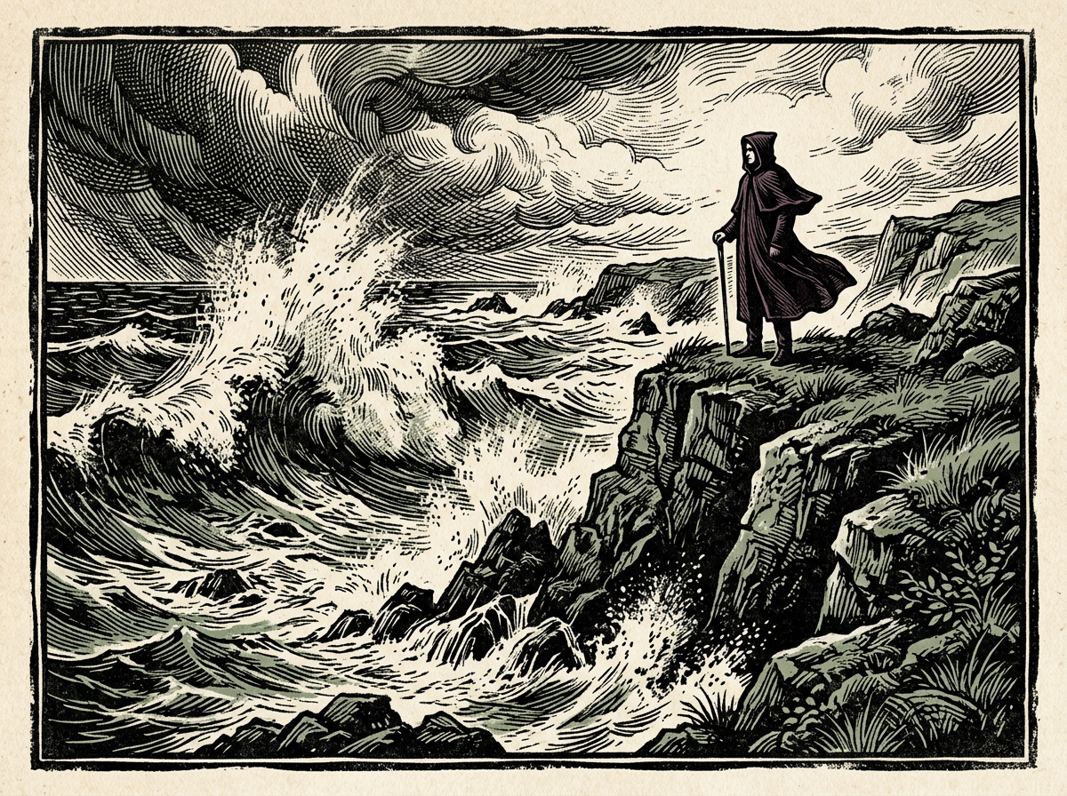 Editorial woodcut-style illustration for the dispatch “Stoicism asks for emotional agency, not unfeeling repression”, from The Bend Index, filed under false resilience: emotional suppression.