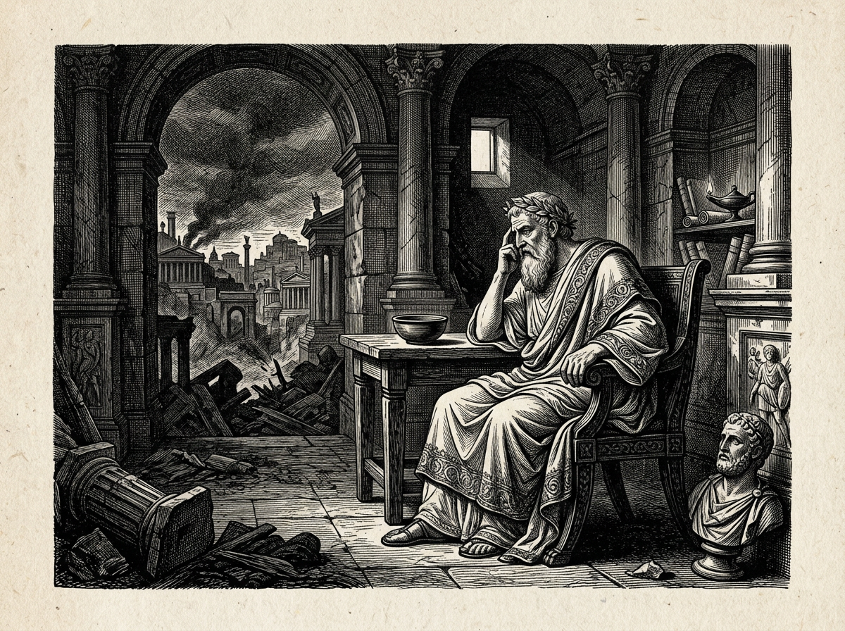 Editorial woodcut-style illustration for the dispatch “How pop-Stoicism turned radical asceticism into a cozy financial hedge”, from A Critique of Modern Stoicism, filed under core distortion: wealth hedging.