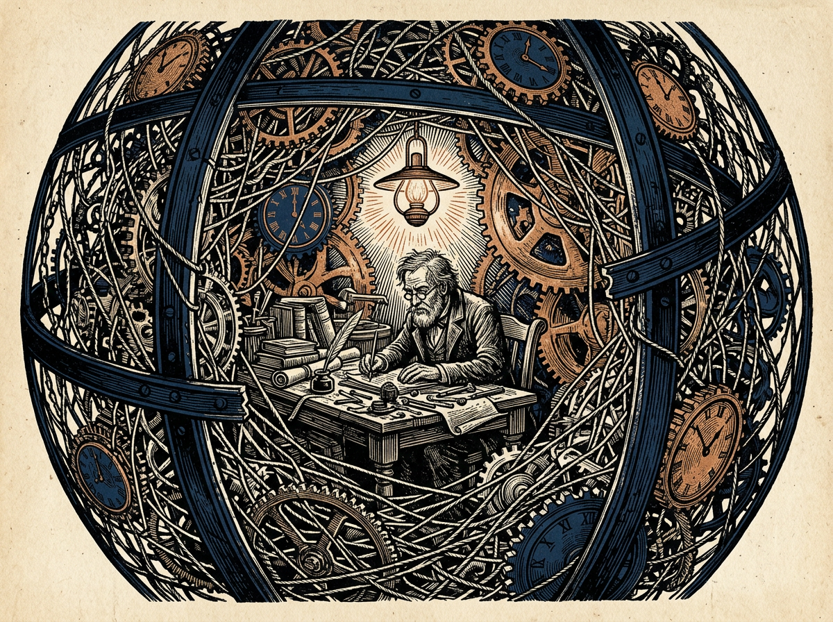Editorial woodcut-style illustration for the dispatch “Restraining the overthinking mind requires structure, not endless analysis.”, from The Bend Index, filed under cognitive drain: decision paralysis.