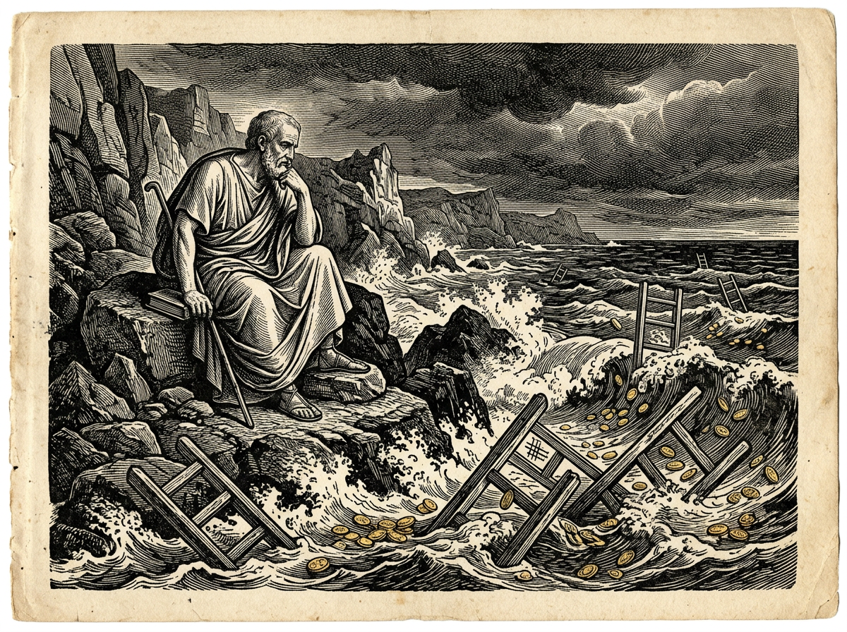 Editorial woodcut-style illustration for the dispatch “How modern Stoicism turned radical exile into a corporate resilience hack”, from A Critique of Modern Stoicism, filed under core distortion: executive resilience.