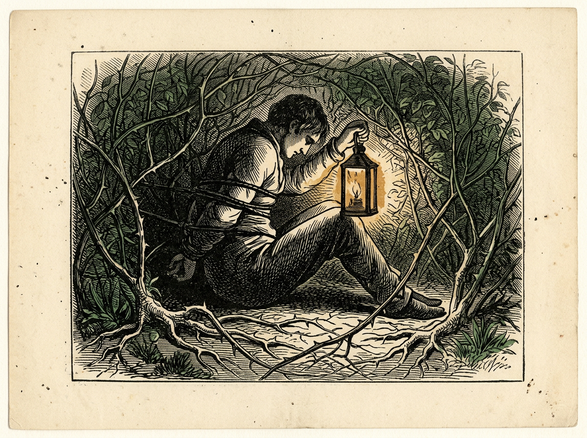 Editorial woodcut-style illustration for the dispatch “Reason alone cannot soothe a body still trapped in trauma”, from The Bend Index, filed under therapeutic priority: bodily stabilization.