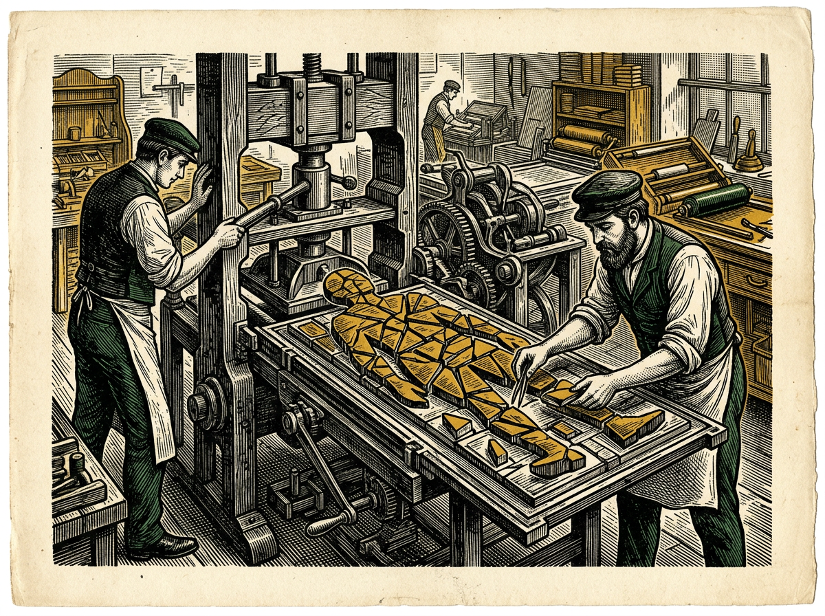 Editorial woodcut-style illustration for the dispatch “Visual storytelling rebuilds what traumatic memory breaks into silent fragments.”, from The Bend Index, filed under visual grammar: trauma recovery.
